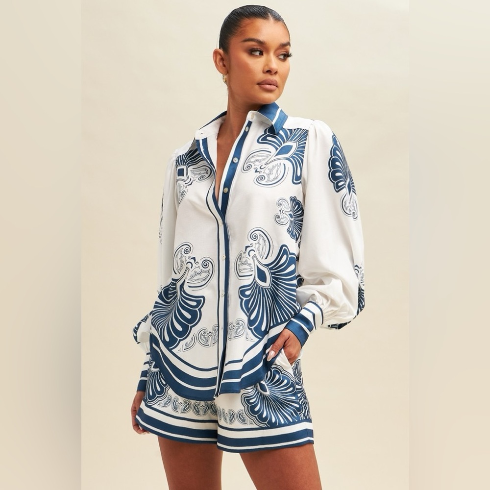 NWT Blue Floral Long Sleeve Shirt & Short Set